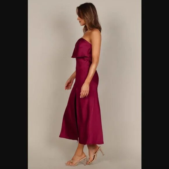 Petal & Pup Vienna Strapless Berry Satin Ruffle Side Slit Midi Dress L - Picture 7 of 15